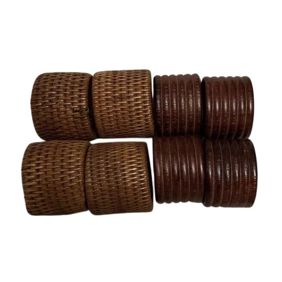 Set of 8 Brown Weave Rattan Napkin Rings And Carved Wood Napkin Rings MCM - Picture 1 of 4